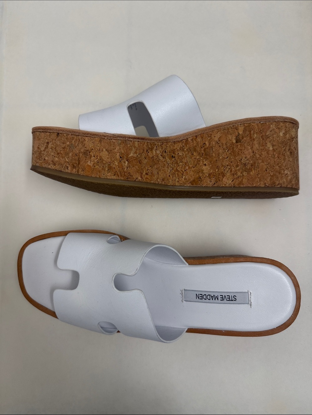 Steve Madden White Leather Cork Platform Slide Sandals Size 8 8M